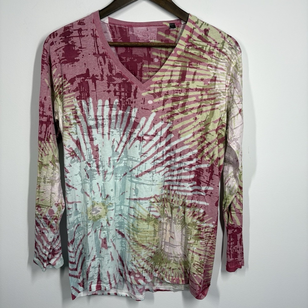 Atelier5 Womens Color Burst Burnout V Neck Top Size L Long Sleeve Coastal Preppy